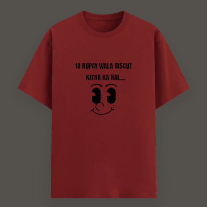 Red t-shirt with viral Indian meme "10 Rupay Wala Biscuit Kitne Ka Hai" printed in a bold, eye-catching style – perfect for desi meme fans.