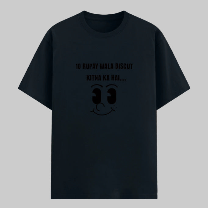 NavyBlue t-shirt with viral Indian meme "10 Rupay Wala Biscuit Kitne Ka Hai" printed in a bold, eye-catching style – perfect for desi meme fans.