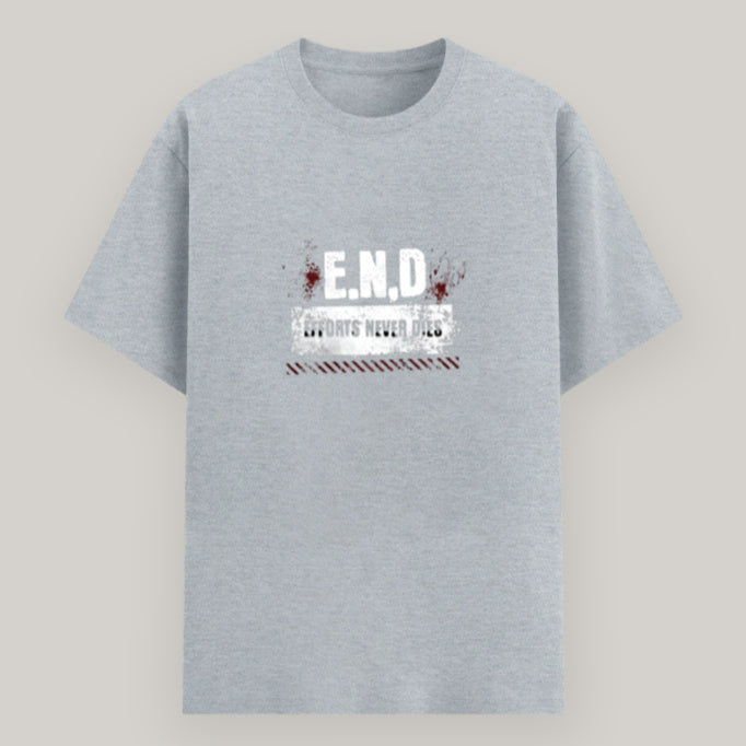 Close-up of E.N.D – Effort Never Dies text on t-shirt designColor_GreyMelange