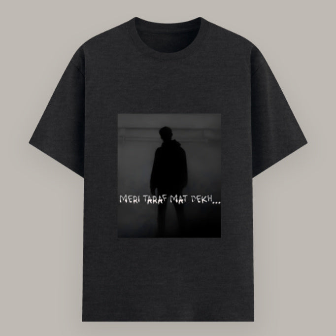 Stylish cotton unisex T-shirt with stop staring Hindi quote print Color_Blackmelange