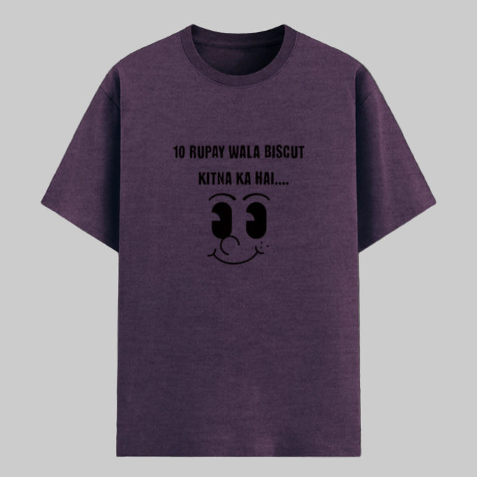 Purplemelange t-shirt with viral Indian meme "10 Rupay Wala Biscuit Kitne Ka Hai" printed in a bold, eye-catching style – perfect for desi meme fans.