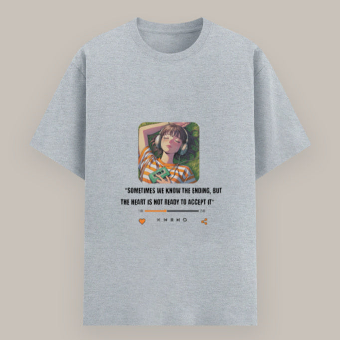 Classic fit unisex T-shirt with poetic quote about endings and hearts Color_GreyMelange