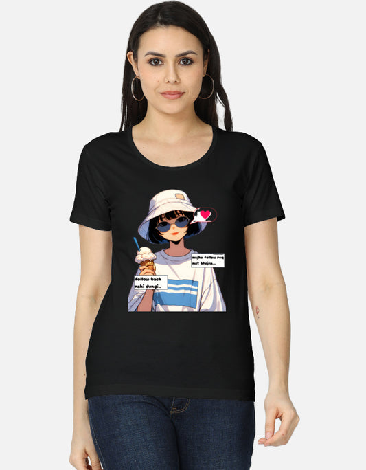 Women’s classic cotton T-shirt with bold Hindi quote “Mujhe follow req mat bhejna, follow back nahin dungi” – funny attitude design for girls Color_Black