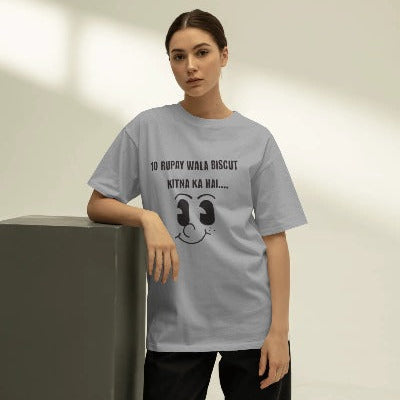 Female model in a Grey Melange t-shirt featuring the humorous "10 Rupay Wala Biscuit Kitne Ka Hai" meme – perfect for casual looks and meme lovers