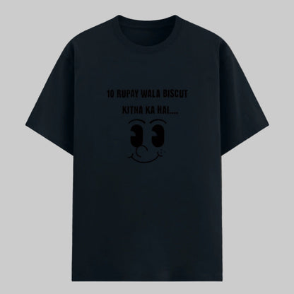 NavyBlue t-shirt with viral Indian meme "10 Rupay Wala Biscuit Kitne Ka Hai" printed in a bold, eye-catching style – perfect for desi meme fans.