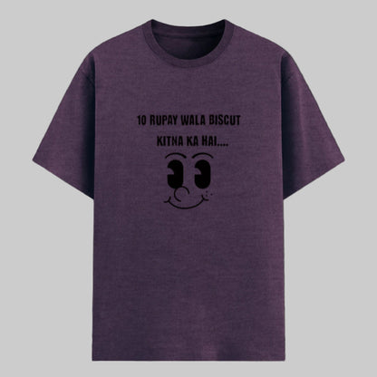 Purplemelange t-shirt with viral Indian meme "10 Rupay Wala Biscuit Kitne Ka Hai" printed in a bold, eye-catching style – perfect for desi meme fans. 