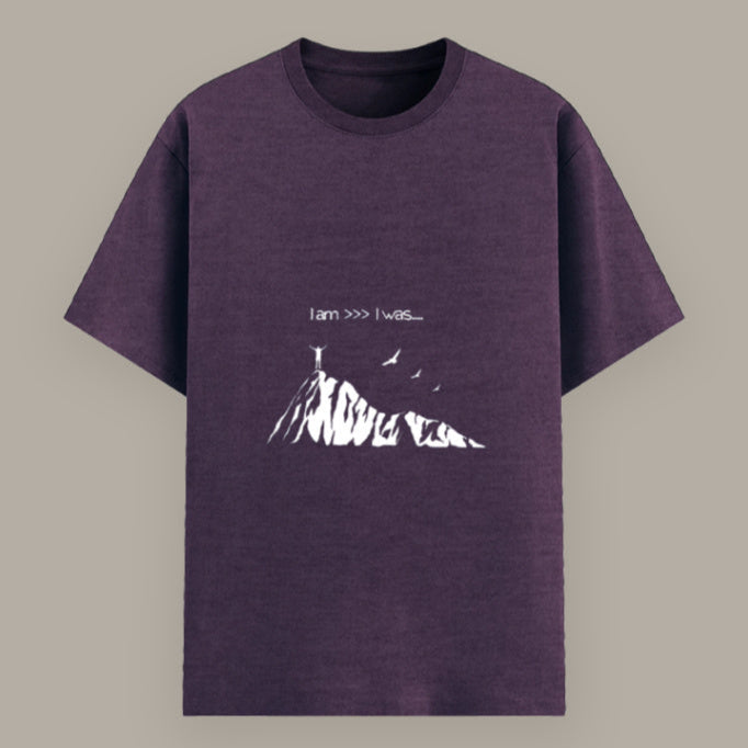 Back view of unisex motivational quote T-shirt “I Am >>> I Was” Color_Purplemelange