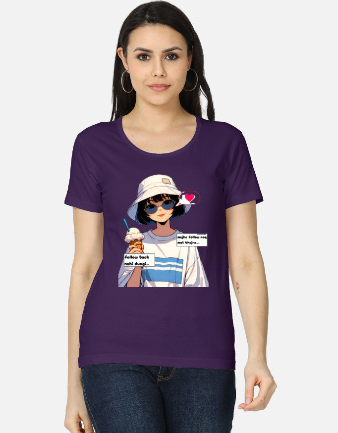 Women’s classic cotton T-shirt with bold Hindi quote “Mujhe follow req mat bhejna, follow back nahin dungi” – funny attitude design for girls Color_Purple
