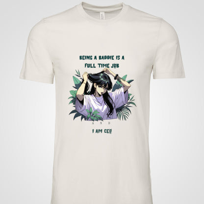 Soft cotton women’s T-shirt featuring baddie energy quote