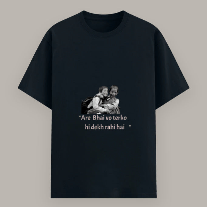 Close-up of “Are Bhai Vo Tereko Hi Dekh Rahi Hai” print on men’s T-shirt Color_NavyBlue