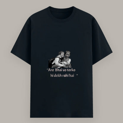 Close-up of “Are Bhai Vo Tereko Hi Dekh Rahi Hai” print on men’s T-shirt Color_NavyBlue