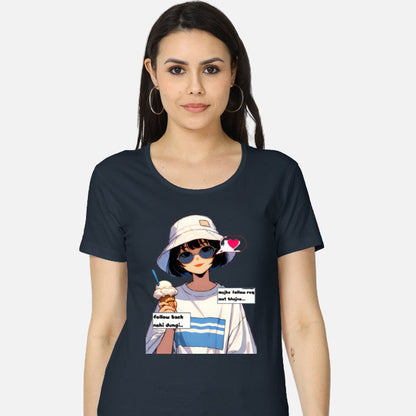 Women’s classic cotton T-shirt with bold Hindi quote “Mujhe follow req mat bhejna, follow back nahin dungi” – funny attitude design for girls Color_NavyBlue