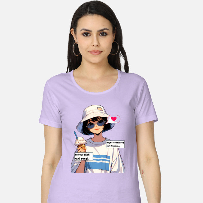 Women’s classic cotton T-shirt with bold Hindi quote “Mujhe follow req mat bhejna, follow back nahin dungi” – funny attitude design for girls Color_Lavender