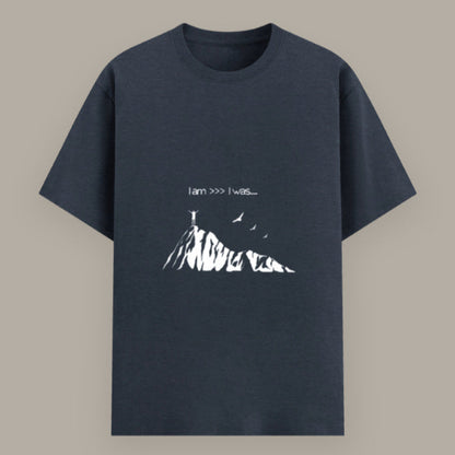 Close-up of “I Am >>> I Was” motivational T-shirt print Color_Navymelange