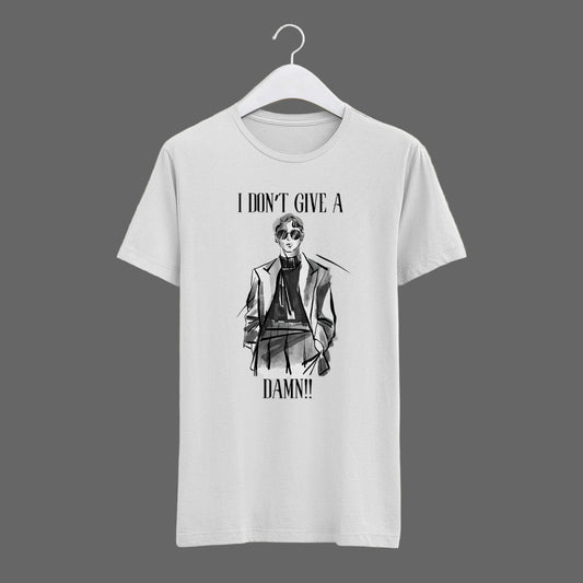 White t-shirt with graphic design and text on a beige background