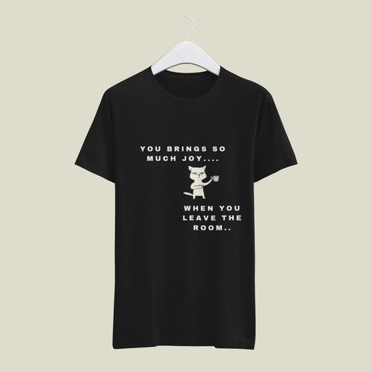 Black t-shirt with white text and graphic on a beige background