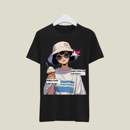 Black t-shirt with an anime-style character graphic on a beige background