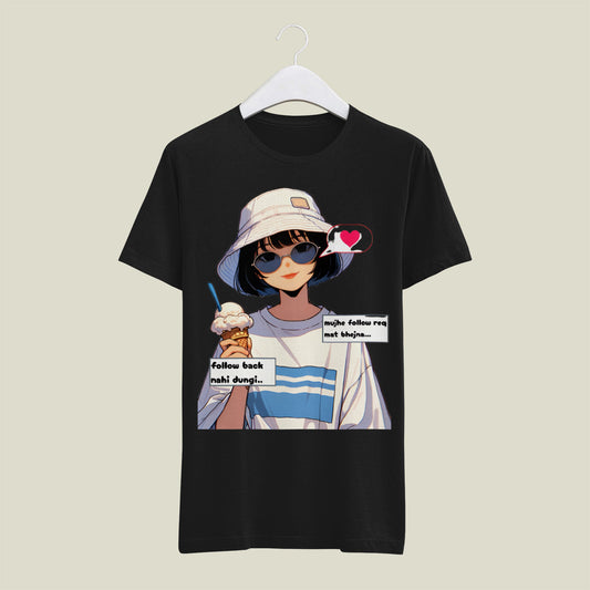 Black t-shirt with an anime-style character graphic on a beige background