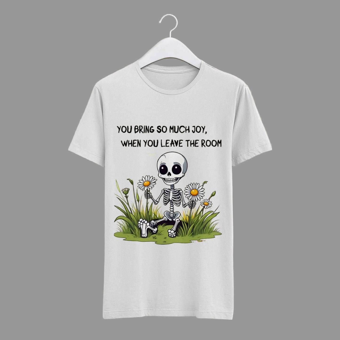 Black t-shirt with white text and graphic on a beige background