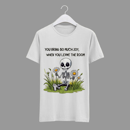 Black t-shirt with white text and graphic on a beige background